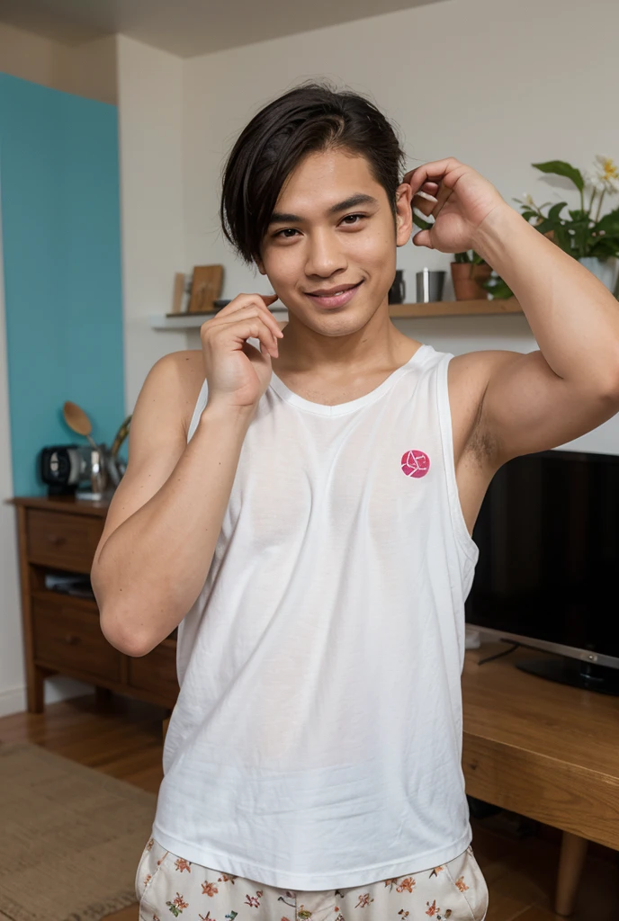 Japanese men、12 years old、Muscles and smooth skin、Short black hair、Relaxed and friendly smile、Light green thin boxer briefs、The whole body is visible、Laughing with your mouth open、