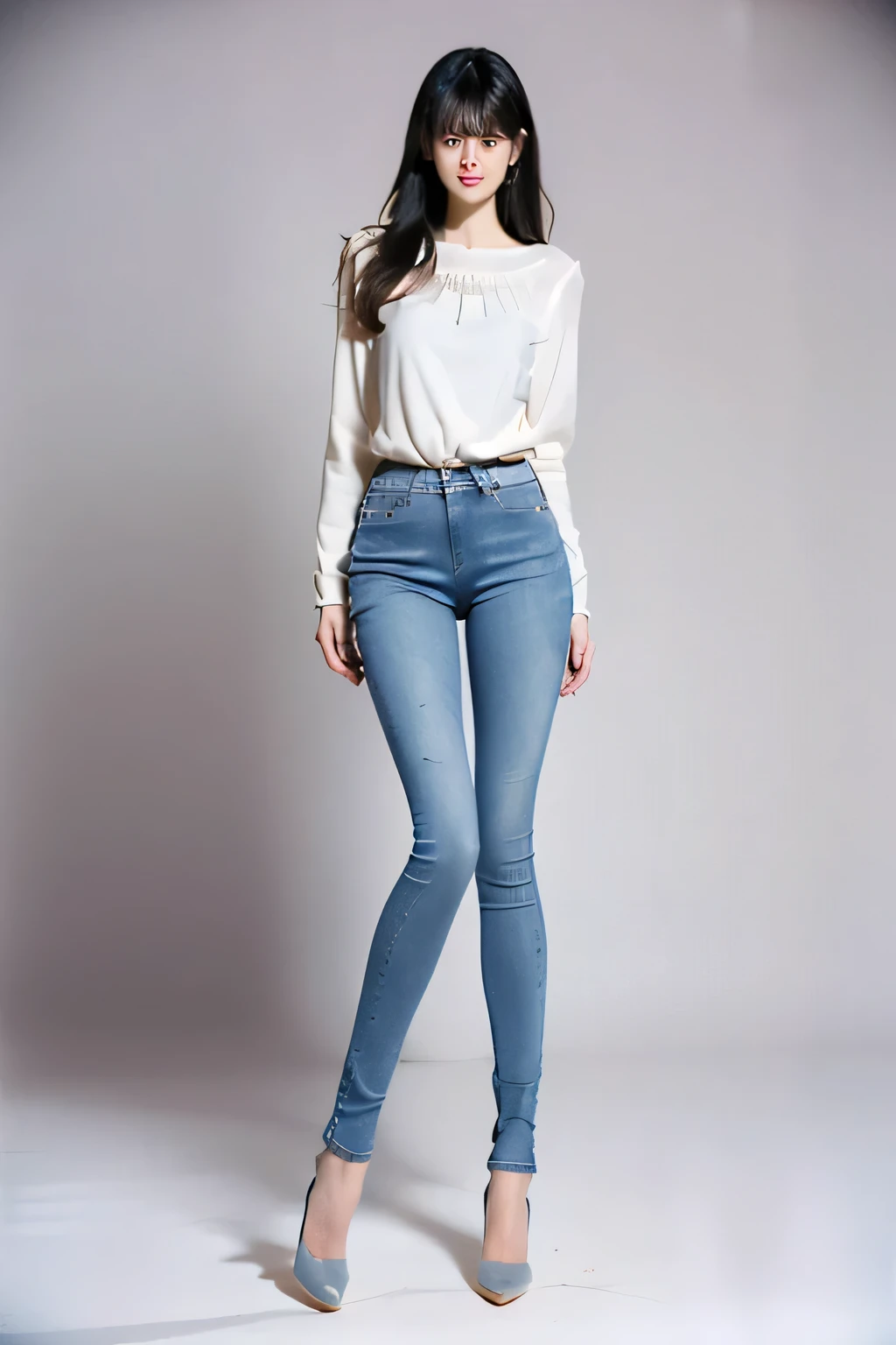 one-girl，Works of masters，HighestQuali，Highest image quality，8K分辨率，A beautiful 20-year-old girl，whitet-shirt，Blue skinny jeans，Black heels