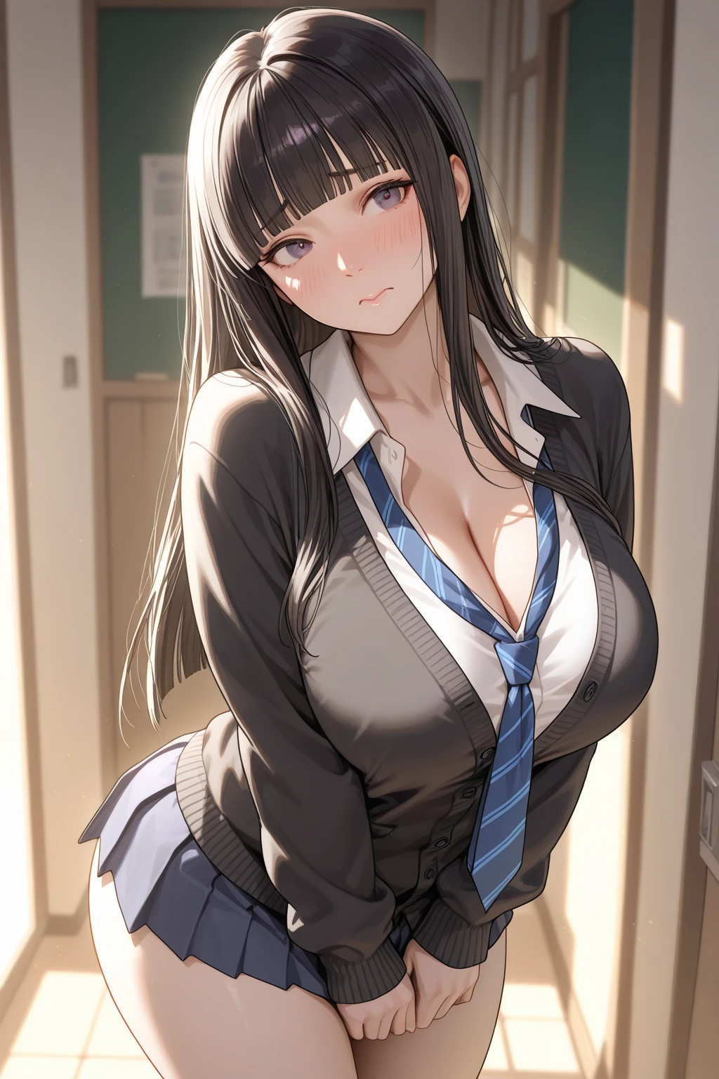 big breasts:1.2、japanese woman、navy blue blazer、white shirt、navy blue flared skirt、Hide your chest with your own hands、squeeze your chest、grab your chest、masterpiece、highest quality、very detailed、very realistic eyeasterpiece、highest quality、very detailed、1 girl、grab your chest、From above