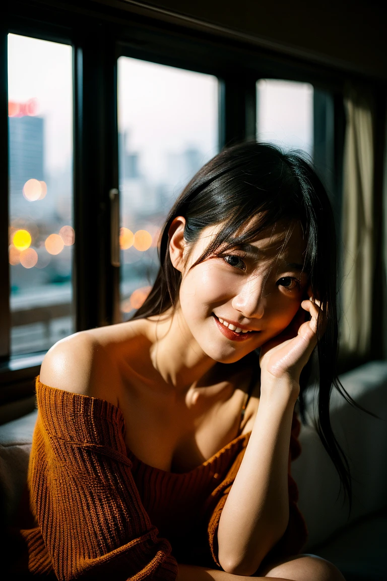 Hyperrealistic photography、highest quality, masterpiece, High definition, 16K quality, beautiful , Light brown medium hair, 明るい茶色のbeautiful目,  Knitted sweater, Plump and large breasts, Smile、Cute Japanese idol face:1.24, She is looking at the camera, Spread your legs, Cleavage:1.33,night classroom, Bright red sky, beautiful clouds in madder color,Foliage plant