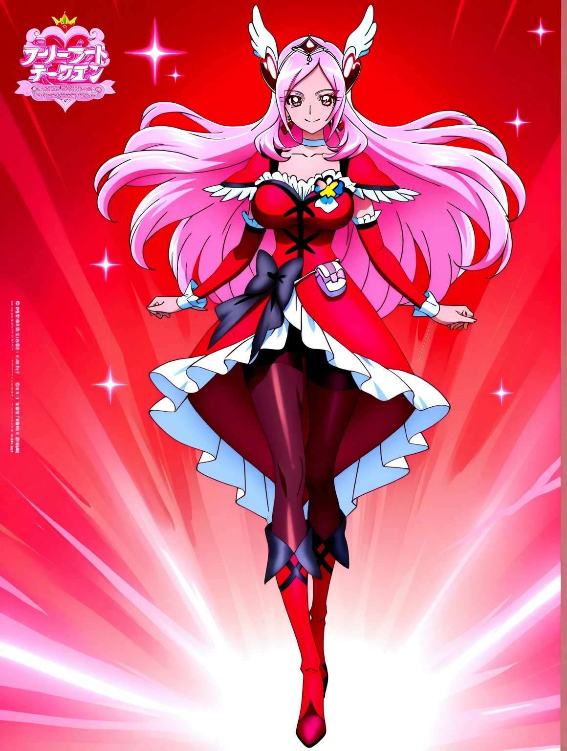 score 9 、score 8 up、score 7 up、source anime、masterpiece、best quality、best resolution、Extremely Detailed Faces、 very detailed 、HIGHLY DETAILS、anime coloring、1girl、cure passion、female character is wearing a red dress、beefcake standing、pink hair、floating hair、very long hair、red eyes、eyelash、shiny hair、 heart hair ornamen、heart earrings、solo、The girl of the zodiac、magical girl、portrait The girl of the zodiac、long legs、big breasts、covered breasts、very large breasts、covered boobs、large boobs、tall girl、red detached sleeves、red shoulder pads、black pantyhose、red skirt、frilled dress、layered dress、red skirt under the black pantyhose、wrist cuffs、white neckwear、 white choker、jewelry、four-colored-clover ornament to left chest、red legwear、red knee boots、red footwear、knee boots、heel boots、black bow、!!full body portrait!!、 magical girl style、cool beautiful、magical aura、cool sexy、anime princess、official anime style、lewd anime style、official anime artwork、cure passion outfit、hymn to the king as a princess、Covered trapezius、biceps、biceps long head、biceps short head、triceps、triceps medial head、triceps lateral head、triceps long head、brachioradialis、deltoids、covered thigh muscles、covered semitendinosus muscles、covered adductor magnus muscles、cool smile、Nihilistic smile、sexy smile、perfect body、perfect hands、perfect arms、perfect legs、looking at viewer、female focus、cowboy shot、beefcake style、crimson red background、