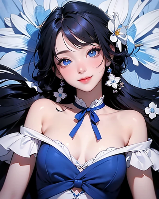 Anime girl with blue hair and black dress poses live, Detailed digital anime art, 8K high quality detailed art, detailed anime art, seductive anime girls, Beautiful anime girl, Guweiz in Pixiv ArtStation, small curvaceous loli, Digital anime art, trending on artstation pixiv, Guweiz on ArtStation Pixiv, Detailed anime artwork，the maid outfit，Expose half of your chest，black sleeve