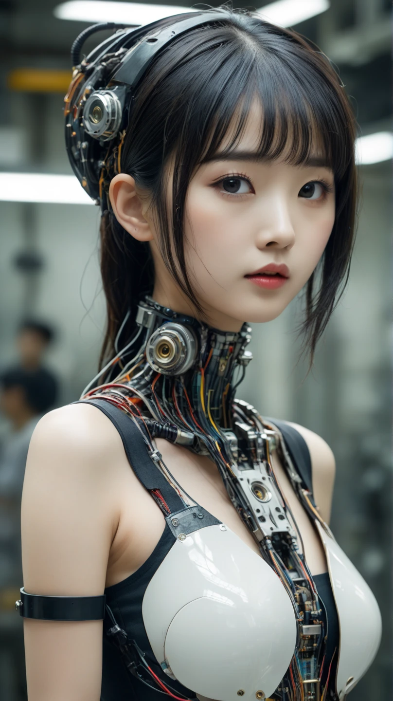 Top Quality, Masterpiece, Ultra High Resolution, (Photorealistic: 1.4), Raw Photo, 1 Girl, Black Hair, Glossy Skin, 1 Mechanical Girl, (Ultra Realistic Details)), Portrait, Global Illumination, Shadows, Octane Rendering, 8K, Ultra Sharp, Glossy Skin, Realistic Skin, Big, Cleavage Exposed Raw Skin, Metal, Intricate Ornaments Details, Syd Mead details, highly intricate details, realistic light, CGSoation trend, purple eyes, glowing eyes, facing the camera, neon details, mechanical limbs, blood vessels connected to tubes, mechanical vertebrae attached to the back, mechanical cervical attachment to the neck, sitting, wires and cables connecting to the head, analog meters, pressure gauges, vacuum tubes, gears, Small LED lamp, background is a futuristic server room,