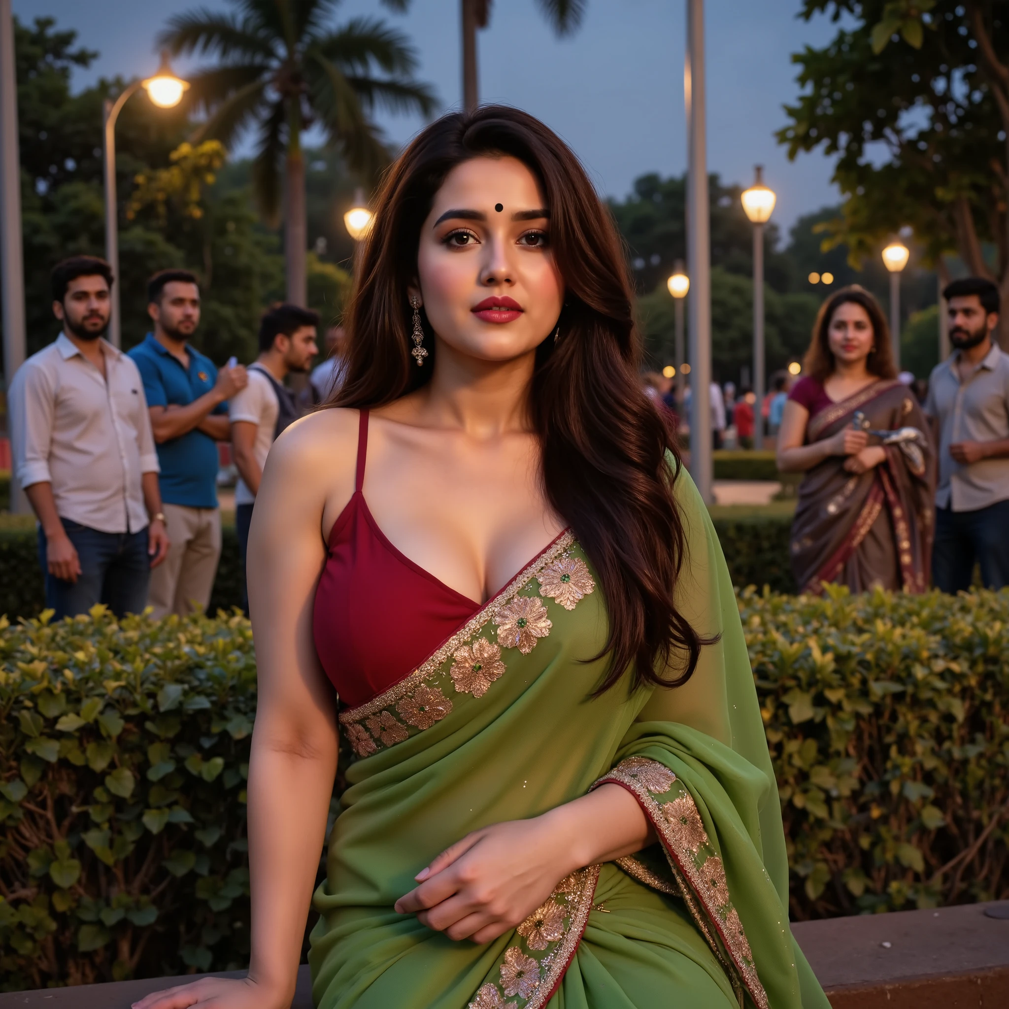 A North Indian-European Curvy Milf Bhabhi aged 38. She has the delicate, beautiful Square facial structure of an Indian Women with the milky white fair skin tone. Long shiny wavy hair. A Long round point, symmetrical nose, placed perfectly at the center of her erotic face. Heavy Eye makeup with Dark Eyeshade. She has large upturned eyes, with mesmerizing grey hazel irises, accentuated with signature dark thick winged eyeliner, dark eye mascara, long eyelashes and dark circles near her eyes for a uniquely memorable charm. (Black Bindi between her eyebrows), adding traditional allure. Her lips are thick plump, with a fuller lips bow shaped, always coated in a Liquid Matte Magenta lipstick, making her canine smile striking and attention-grabbing. She has a sharp jawline, a softly receding chin, a thin neck, and defined sharp collarbones.
Large Boobs Cleavage. Saggy Boobs. Lose Saggy Breast.
Wearing Stylish Indian Embroidered Green shiny Saree, draping from shoulder and sits on her opposite side lap, red blouse. Sitting in Green Indian Park. Evening Grey cold rainy lighting. Street Lights. Group of Old Indian Men standing and staring at her. ((Black Bindi On Forehead. Maroon Dark Matte Lipstick. Dark Eyeshade, Dark Eyeliner. Heavy Makeup. Lot of Indian Jewelry. Indian Jewelry)). ((Wide Angle Portrait Photo:1.4)).
The lighting is Natural cold rainy grey, professional studio quality. Ultra-detailed, photorealistic, 8K resolution. 85mm lens. Full Body Photo. High Quality Texture. (Detailed Face Features) (Sharp Focus on Face) (Depth Of Field Effect)