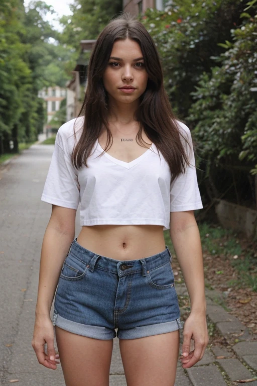 Mulher morena cabelo longo e seios grandes latina usando uma blusa branca  na rua 