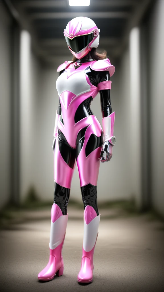 Tabletop, Super Detail, highest quality, High resolution, , ((Anatomically correct)), Power Ranger, ((One Girl)), (alone), A full-face helmet that covers the face and buttocks, Pink full body suit, Micro bikini long gloves and white boots, (Very shiny helmet), kick, Action pose, Combat pose, Huge breasts,Big Ass