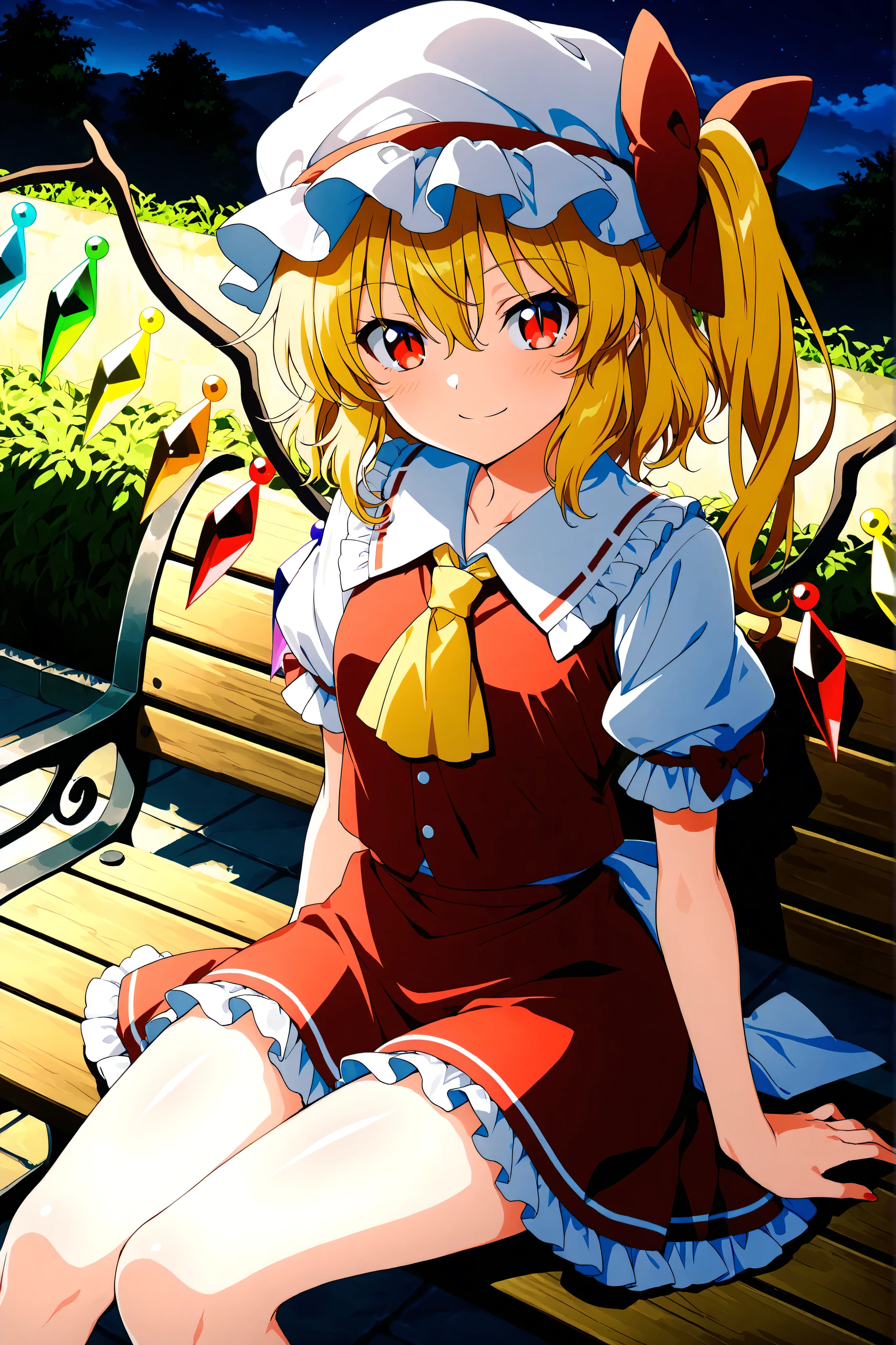 top_quality, super_high_quality, delicate_drawing, flat_anime_style, anime_coloring, anime_screencap, look_away, close_angle, 1girl, cool, flanN, Flandre_Scarlet_Touhou, red_eyes, blonde_hair, short_hair, hair_between_eyes, side_ponytail, hat, hair_bow, wings, red_bow, crystal_wings, slit_pupils, white_headwear, white_puffy_sleeves, white_sleeves, short_sleeves, red_vest, yellow_ascot, red_skirt, frilled_skirt, red_miniskirt, frills, thigh, small_breasts, light_smile, sitting_bench, sexy_pose, beautiful_body, slim_body, shiny_skin, outdoor, night, bench, uncensored