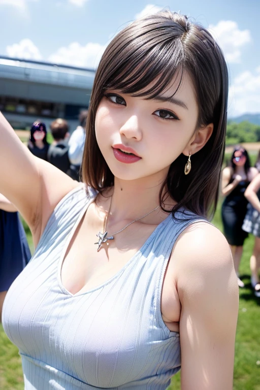 Highly detailed CG unity 8k wallpaper, of the highest quality, Super detailed, masutepiece, Realistic, photographrealistic, extremely detailed cute girl, 25yo, cleavage , (perspired) , Round eyes, peeping at the viewer, Blush, Smile, parted lip, Semi-body shot , Realistic、track suit、Realistic reproduction with vests , Panties , Squat, sports gym, short hair