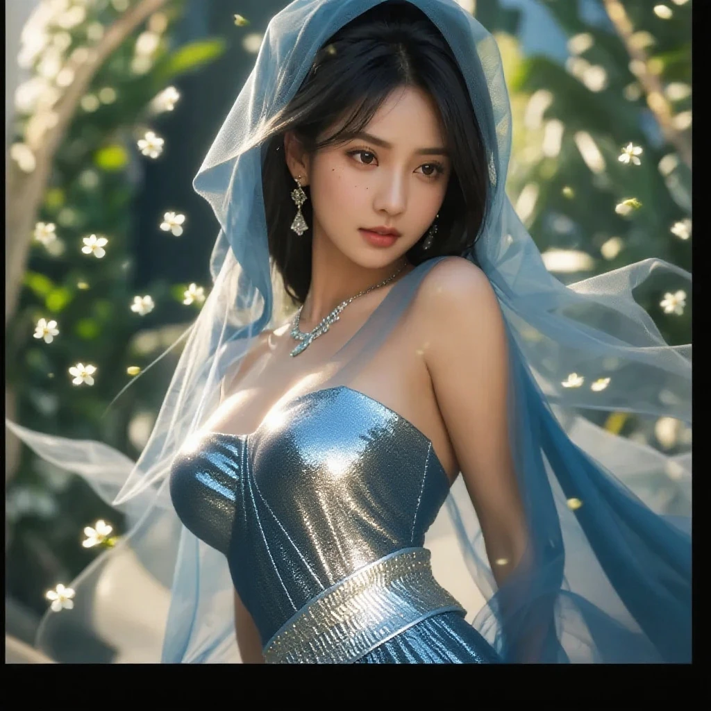 Accurate, Top Quality, Masterpiece, Precision, Ultra Detailed, Anatomically Correct, Meticulous, High Quality, (Photorealistic: 1.2), Sharp Focus, Cute Girl, Cowboy Shot, Translucent White Dress, (Made of Crystals), (Balloon Forest Theme, Great Colors, Detailed Design,), Portrait, Dream, Normal Breast, Thin Waist, Wide Hips, Sexy Thighs, Sweet, Fairy Tale Iridescent Pearls, Lots of Beautiful Flowers, Dynamic Pose, Change Pose, Dynamic Angles, Round Face, Black Hair, Long Eyelashes, Round Eyes, (Beautiful Face, Detailed and Perfect Face, Big and Even Eyes, ), Cute Hairstyle, Crescent Hair Ornament, Perspective, Depth of Field, Film Lighting, Textured Skin, (Field of Depth: 1.3), (((Blur))),