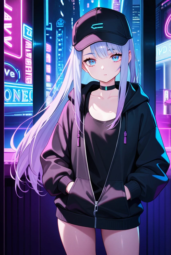 Create an anime girl character, slim build, White skin, long straight white hair, with a lock of black hair, a head warmer, a black choker with spikes and chains hanging, a black blouse and a short black skirt , and black glasses