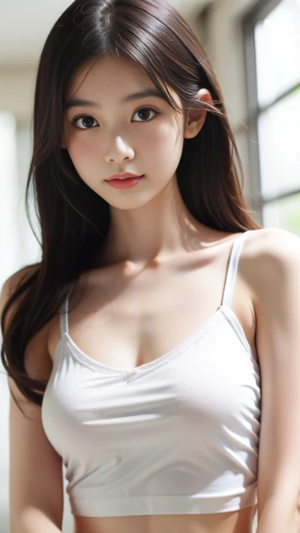 ((best quality, 8K, masterpiece :1.3)), 1 woman, Pretty woman with slim abs highlighted :1.3, (random hairstyle :1.2), Oversized tank top :1.2, very detailed face, detailed eyes, double eyelid, armpit