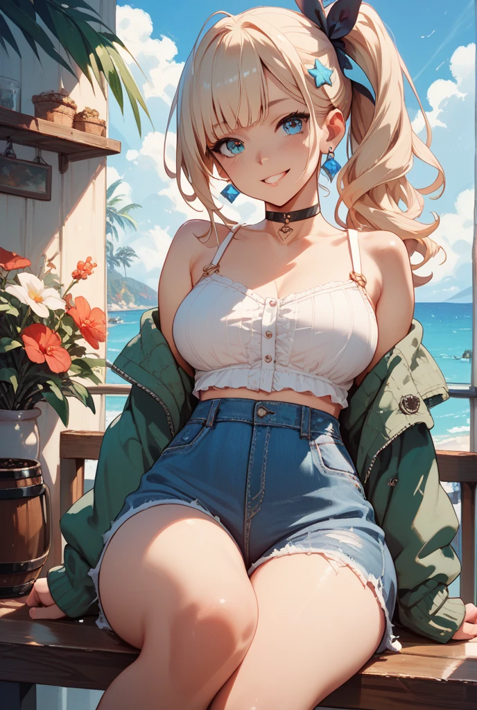 ((masterpiece, Highest quality, Very detailed)), 
cowboy shot, 
left to right balance, Perfect Hands,beautiful hands, Perfect Fingers,beautiful fingers, Perfect Limbs,Perfect Body,Correct Human Body, beautiful eyes, (face light:1.2), looking at viewer, 
NSFW, 
One girl, 20 yers old, gyaru, full makeup, BREAK ((brown skin:1.3)), ((tanned skin:1.3)), blonde, Long Hair, blunt bangs, wavy Hair, BREAK ((grey eyes)), Thick thighs, medium breasts, evil smile, ((open mouth)), ((tongue out)), ((lots of pierced earrings)), 
cowboy shot, 
random porn pose,

BREAK white cropped tank top, bare belly button, silver chain necklace, silver bracelet, belly button piercing, BREAK (blue damaged denim shorts), 

BREAK squatting on bench, ((spread legs:1.3)), ((open knee:1.3)), brown sandals, ((shirt lift:1.3), ((show off bra:1.3), leopard print bra, 

forest park during the day, in the forest, a well-maintained path, a bench visible in the distance,