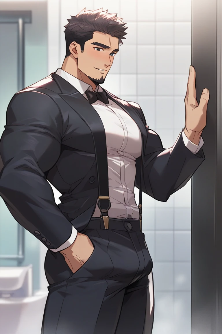 anime character with a sailor hat and bow tie in a white shirt, milkman, big pectorals, oppai, (nsfw), male art, video game cutscene, fluffy chest, muscular!, gapmoe yandere, cutscene, ; visual novel, shiro takatani, official art, from the azur lane videogame, manhwa.
