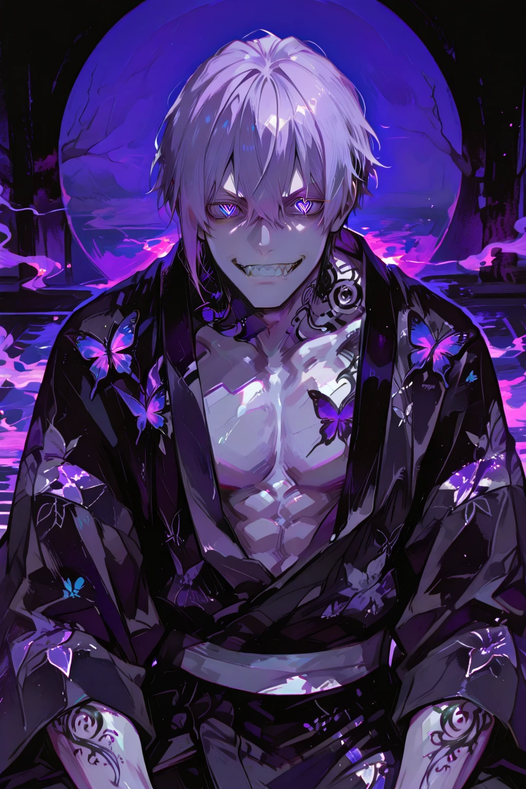 absurdres, highres, ultra detailed, HDR, master piece, best quality, Dabi, white hair spiked around his head, hair between the eyes, expressive turquoise eyes, Boku No Hero Academia, solo, sexy man, handsome, toned chest, sitting, white shirt, black coat with high collar, cross, blue butterflies, blue petals, blue flowers, magical, blue flames, amazing background