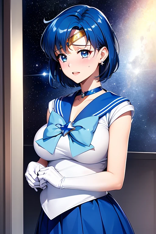 (only, One girl), (Disorganized, High resolution, formula wallpaper, Poster), (masterpiece, Best Quality:1.2), (figure, Realist), (Perfect details, Most detailed, Very detailed), Dramatic Light, AmiMizuno, (Sailor Mercury, Neckband, Blue Hair, short hair, ring, gem, Half moon earrings), (city, Starry Sky), (White thighs, ,Captivating smile, blush, Are standing) (dress, skirt), Huge breasts, blush, On the bed