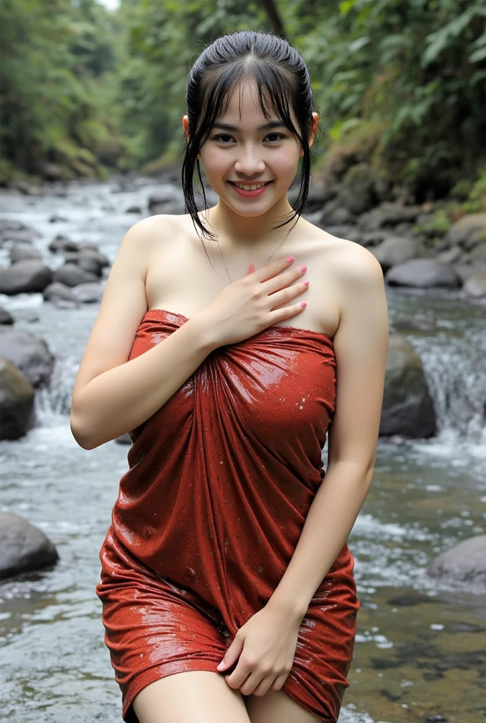 Cute girl wearing sarong dress with seducing pose, big smile, happy, bustling, ((whole body)) turning away facial at viewer, closeup, heavy mountains, misty, fog, woman standing in the waterfall, wet body, wet clothes, wet skin, beauty skin, huge breast, thick thighs bright lighting, big round ass, cute face, slim abs, 35mm lens, Extreme close-up, depth of field cinematography effect, romantic film genre, 8k resolution, high quality, ultra detail,
