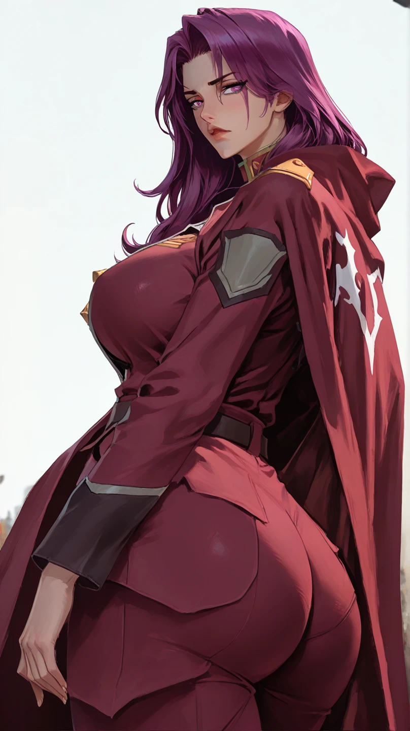 (highres, high quality:1.2), intricate details, cinematic lighting, sharp focus, depth of field, Ingrid, 1girl, mature female, (dark-skinned female:1.1), dark skin, standing, hands on hips, cowboy shot, looking at viewer, cityscape, night, city light, determined, pink red hair, very long hair, hair intakes, makeup, lipstick, (mole under mouth:0.8), eyelashes, yellow eyes, detailed face, helloutfit, red cape, black (turtleneck:1.1), (underboob:1.1), black elbow gloves, (coattails:1.1), revealing clothes, center opening, highleg panties, thigh boots, (multicolored clothes:1.1) midriff, large breasts, areola slip, (nipple slip:0.8),