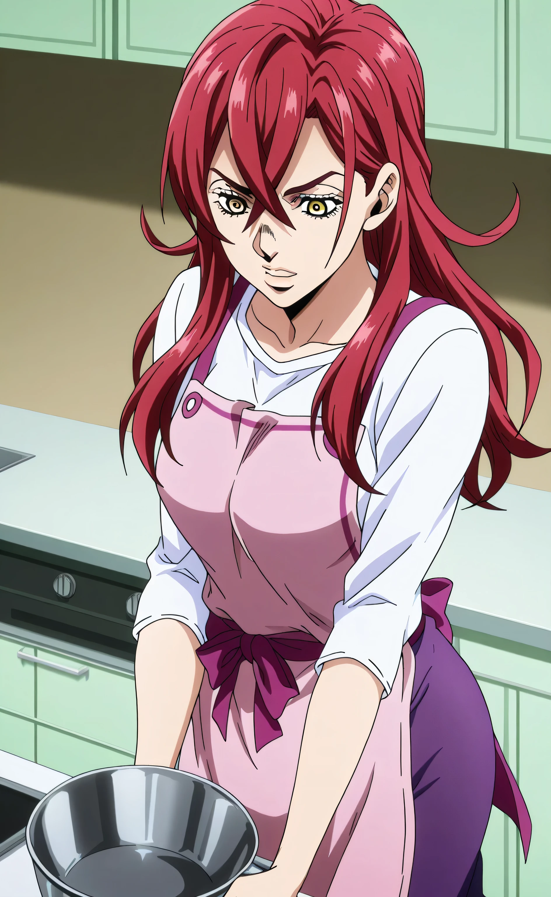 1female,solo,mother,Rindou Kobayashi,red hair,long hair,yellow eyes,cool face,white shirt,purple skirt,pink apron,Kitchen,Jojo's Bizarre Adventure Style