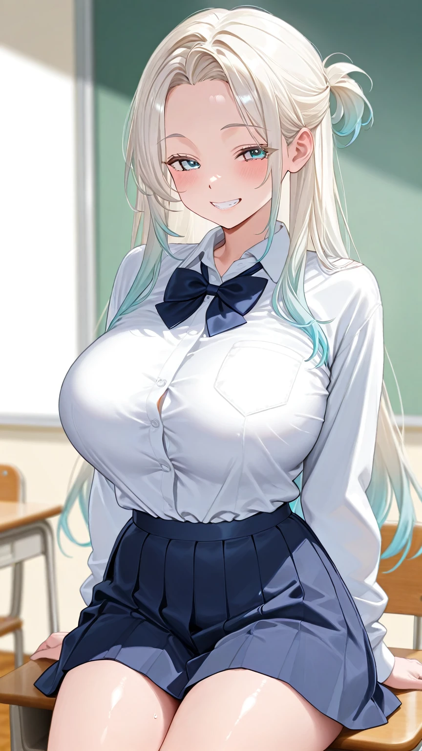 One Girl, High quality, Ultra detailed, best quality, insanely detailed, beautiful, masterpiece, cute, smile,((Short pleated skirt, White blouse, Schools in South Korea:1.2)), sexy, A girl showing off her attractive breasts, ((Platinum Blonde Hair, Long Hair)),Pink Orb, fine grain, Beautiful Eyes, Delicate eyes, ((Hourglass Shaped Body, sexy body)), Correct Anatomy, Correct limbs, ((Huge breasts:1.2)), Juicy lips, Pouting, [Detailed Background (Schools in South Korea, South Korea Colleges and Universities, Seoul, South Korea)]BREAK((Black pantyhose)),((Side Shot)),((View from between the legs)),((tan skin:1.6))