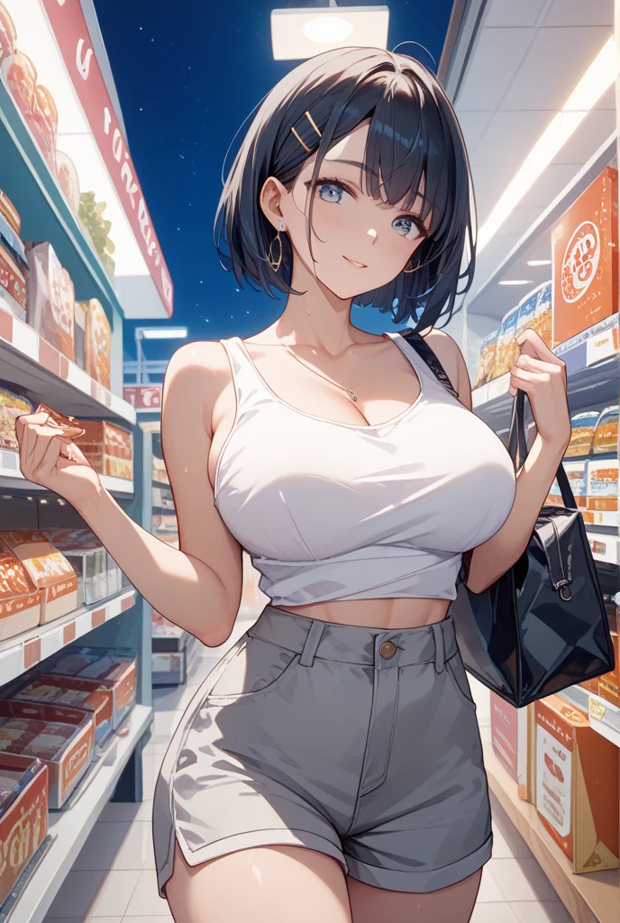 A 40-year-old woman with black hair and huge breasts、With a smile on his face, he sells products at a storefront in a shopping district.。This is a high resolution image.。There are people in the store々It is crowded with。
