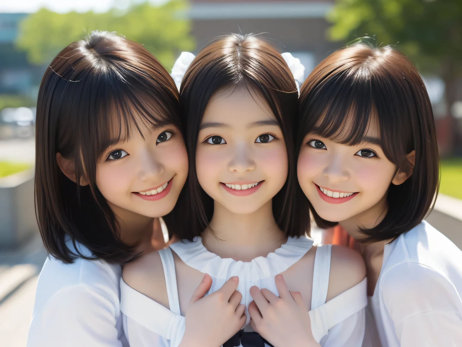 (((masterpiece))), (((cowboy shot、cute smile、Multiple Beautiful Girls)))， (beautiful Japanese girl,  innocent expression) ，(ultra high precision, realistic, very detailedな, 8k,top quality, very detailed, detailed background),(SLANDER BODY，flat chest,small breasts,とても美しいbeautiful Japanese girl、is hiding my chest、Bold Poses、dynamic poses、lean forward), (detailed face:1.3), （Short Boyish Hair、beautiful black hair :1.4、Beautiful hair ornament), (Beautiful girl with a baby face), (perfect body in a foreign hotel:1.1)，Very detailed face、detail lips that fly to your face、very detailed目， Accurate Limbs,Junior Gravure Idol，Beautiful skin、 Beautiful skin ,realistic:1.37，no makeup，(top quality, masterpiece), (sister，elementary school student），Red cheeks、 full nude、Shining Water Surface、Some beautiful girls、光が反射しているBeautiful skin、In strong sunlight、Service、clothes with big blue bows