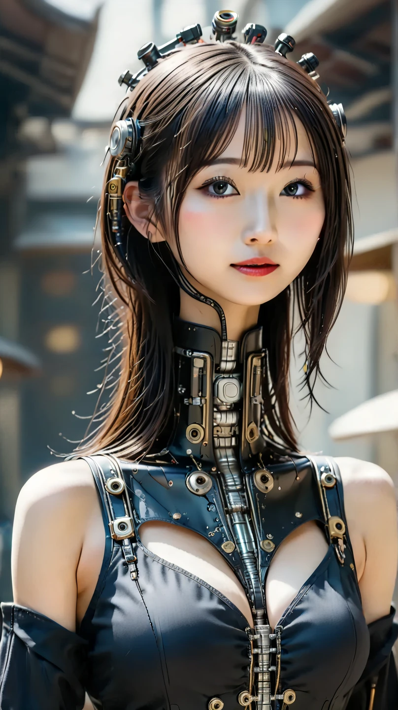 Top Quality, Masterpiece, Ultra High Resolution, (Photorealistic: 1.4), Raw Photo, 1 Asian Girl, Black Hair, Glossy Skin, 1 Mechanical Girl, (Ultra Realistic Detail)), Portrait, Global Illumination, Shadows, Contrast, Octane Rendering, 8K, Ultra Sharp, Big, Cleavage Exposed Raw Skin, Metal, Intricate Ornament Details, Very intricate details, realistic light, CGSoation trend, facing the camera, neon details, mechanical limbs, blood vessels connected to the tube, mechanical vertebrae attached to the back, mechanical cervical attachment to the neck, sitting, wires and cables connecting to the head, gundam, small LED lamps.