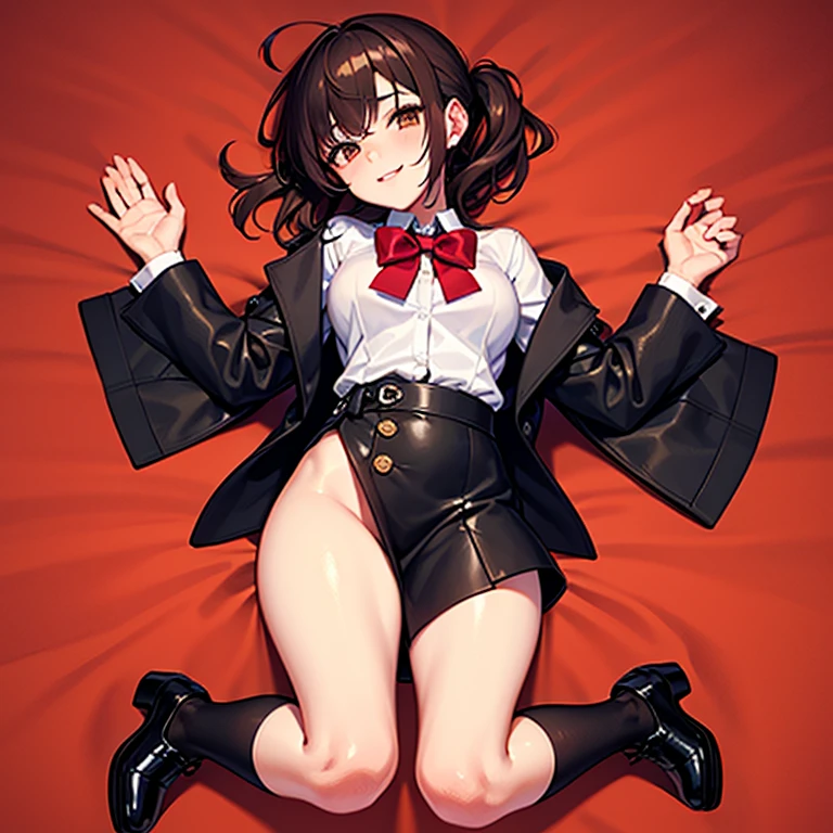 One Girl, Five Fingers, mini skirt, Looking down at the viewer, Brown long hair, Highest quality, Focus on the thighs, Dynamic pose, smile, blazer, blouse, Black Pantyhose, panties under pantyhose, Standing Split, classroom, Black Hair, Stylish pose,My thighs and groin are steamy