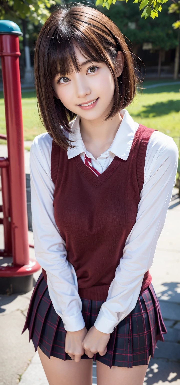 1 Girl, (White collared shirt and long red tie, Navy blue jacket:1.3), Very beautiful Japanese idol portraits, (RAW Photos, Highest quality), (Realistic, Photorealistic:1.4), (masterpiece), Very delicate and beautiful, Very detailed, 2k wallpaper, wonderful, finely, Very detailed CG Unity 8K 壁紙, Very detailedな, High resolution, Soft Light, Beautiful detailed girl, Very detailed目と顔, Beautiful and detailed nose, Finely beautiful eyes, Cinema Lighting, (in the garden:1.3), (short hair), (Parted bangs), Complete Anatomy, Slender body, Small breasts, smile