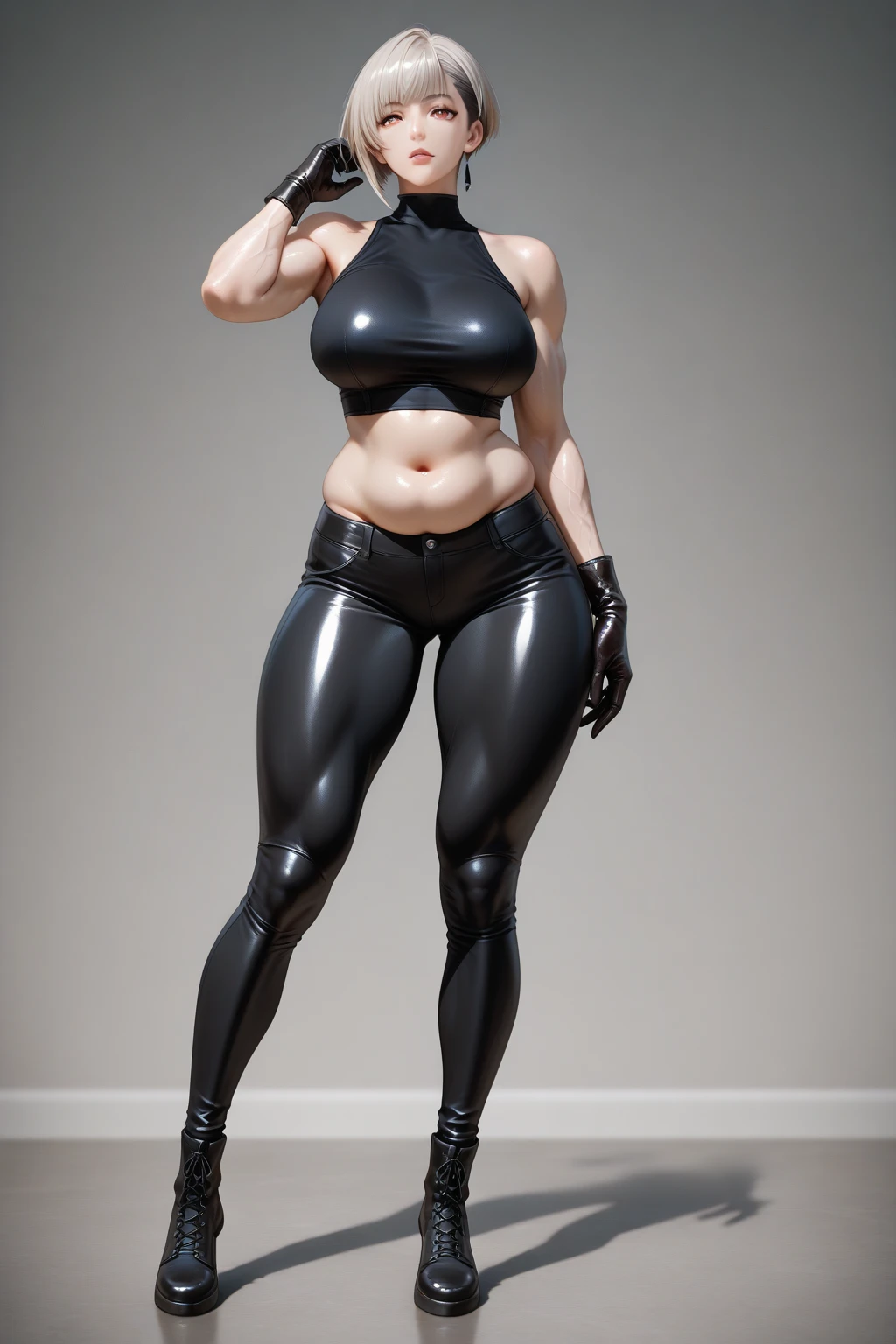 physically-based rendering, (full figure:1.5), (slim body,huge fake breast:1.4), street city, slim waist, big buttocks, (Full body:1.3), standing pose, skintight black leggings, (wearing wet military uniform crop top:1.5).