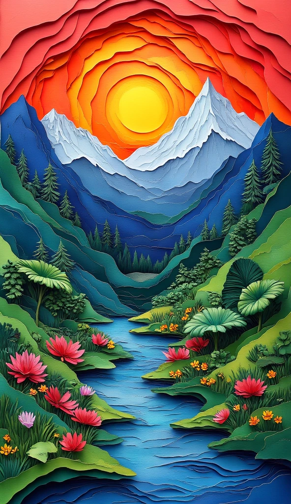 The background features a radiant sunrise red yellow gradient with white mountains and ROSES flowers gaden lotus river at the image's base.bold painting style 