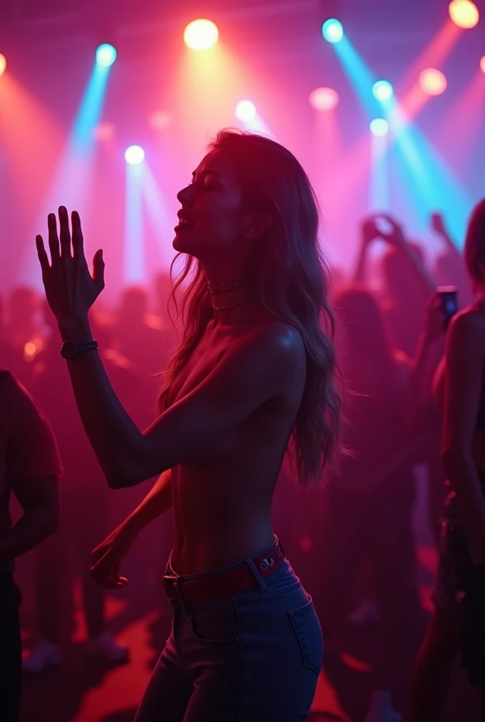 naked, Miley cyrus, young, full body view, stage, crowdsurfend, lets fans touch him, uhd, retina, masterpiece, accurate, anatomically correct, high details, high details, super detail, textured skin, best quality, 16K