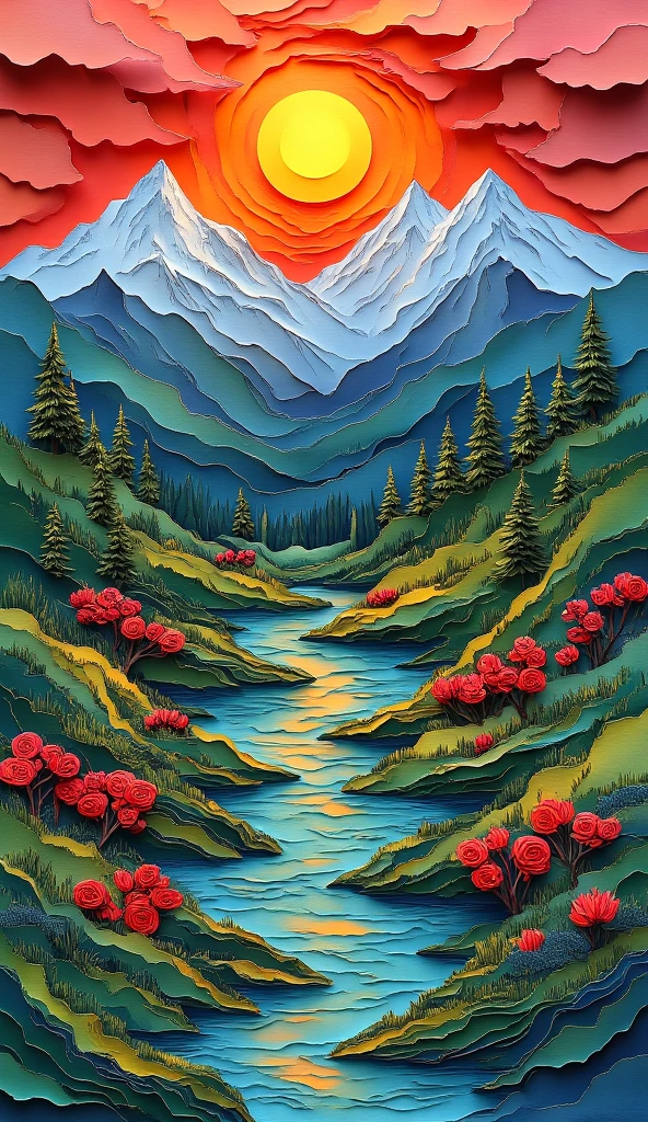 The background features a radiant sunrise red yellow gradient with white mountains and ROSES flowers gaden lotus river at the image's base.bold painting style 