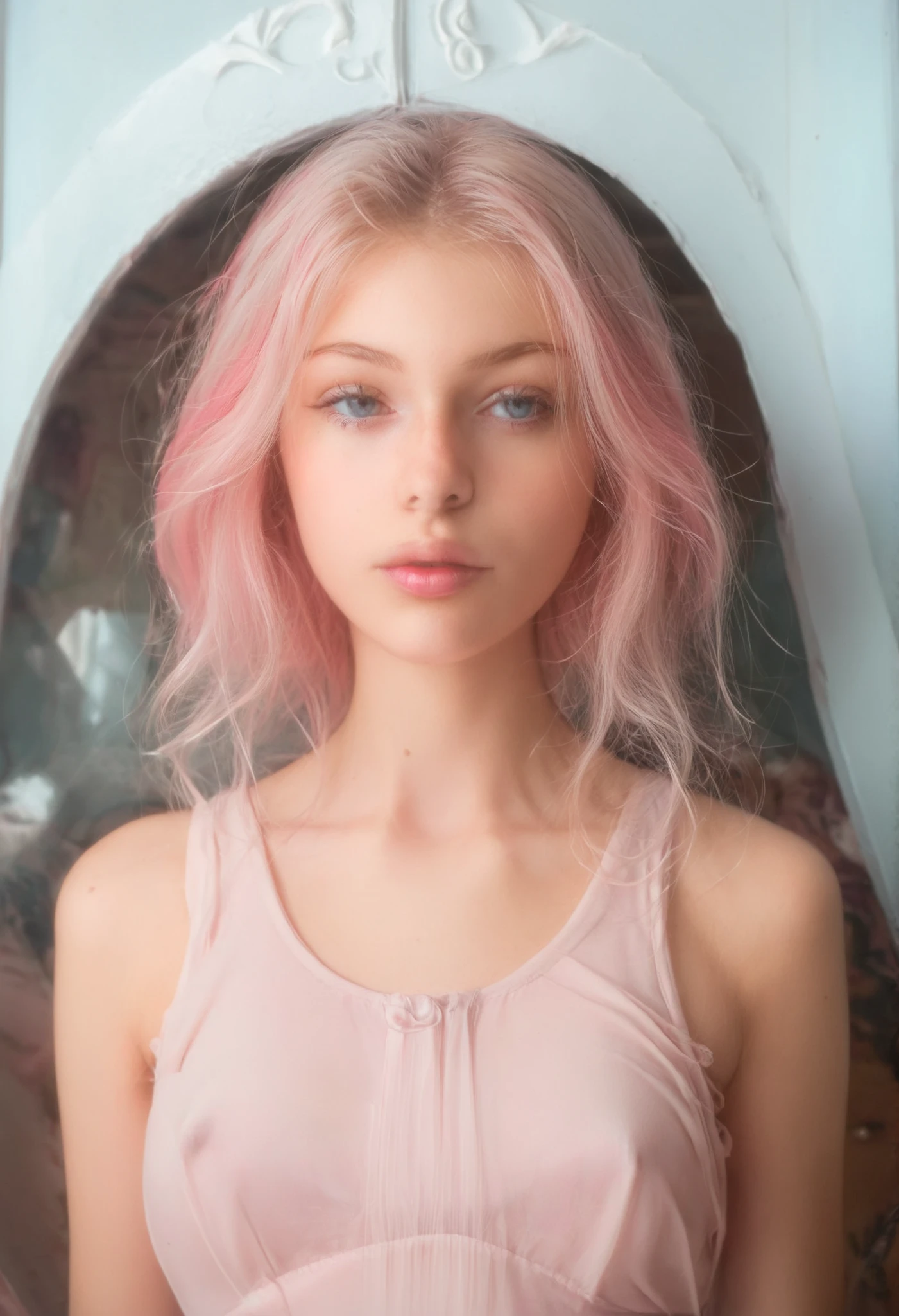 Ultrarrealista, 8K, 18-year-old young woman from Russia, ar inocente, pele muito clara, light blue round big eyes, Pink full lips ,  almost white blond hair , look angelical, roupas de fada, luz soft, camisa com renda, in front of a window, foto cara
