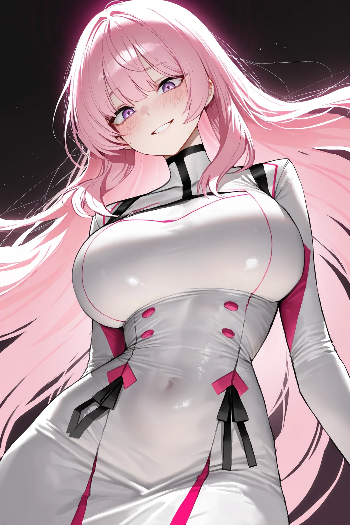 A beautiful girl wearing a shiny white sleeveless rubber suit that fits snugly up to the neck(20th Generation)She is wearing a heart-shaped eyepatch, long hair in a side ponytail, her hair color is a soft pink, and she is wearing loose rubber long gloves.