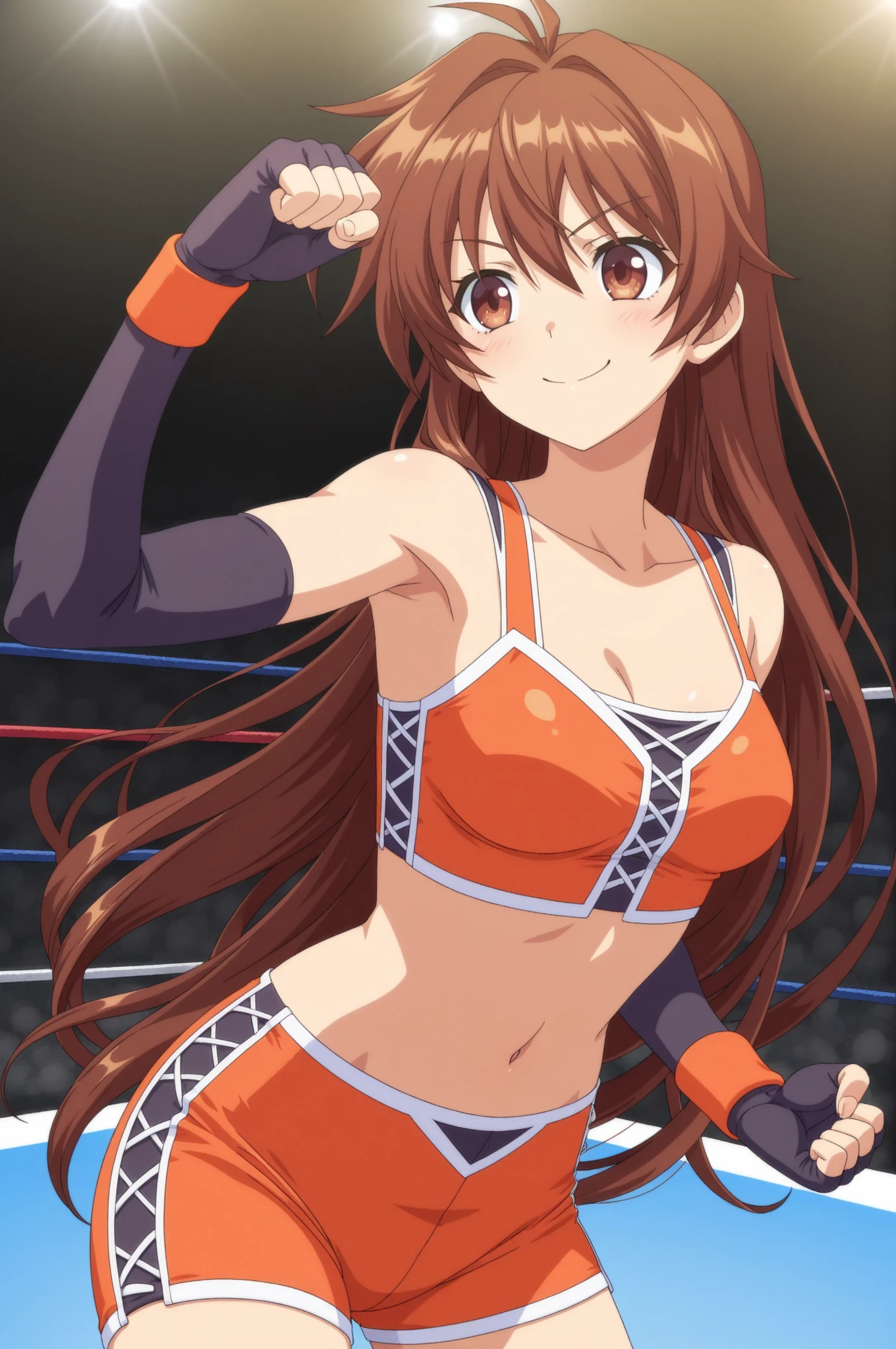 hug, Elegant lady, (upper body only), anime style: 1.8, anime drawing, ultra detailed face, ultra detailed body, 4k, Sumergai Lee Noriega, (standing), best quality, anime style, hires, highest definition, digital blending, bold drawing lines, ((wwe diva), (location: wrestling arena, crowds watching), ( slim body, (little biceps), , off-shoulders, closed fists, (curvy: 2.8)), ((white bikini, only, white gloves, collar, armpit protector)), victorious, winner, gentle, (pale skin, shiny skin, very big breasts, smile), (big eyes, brown eyes), (clapping), (brown hair, loose hair, curly hair, wavy hair, long hair, missy hair), 27 years old,
