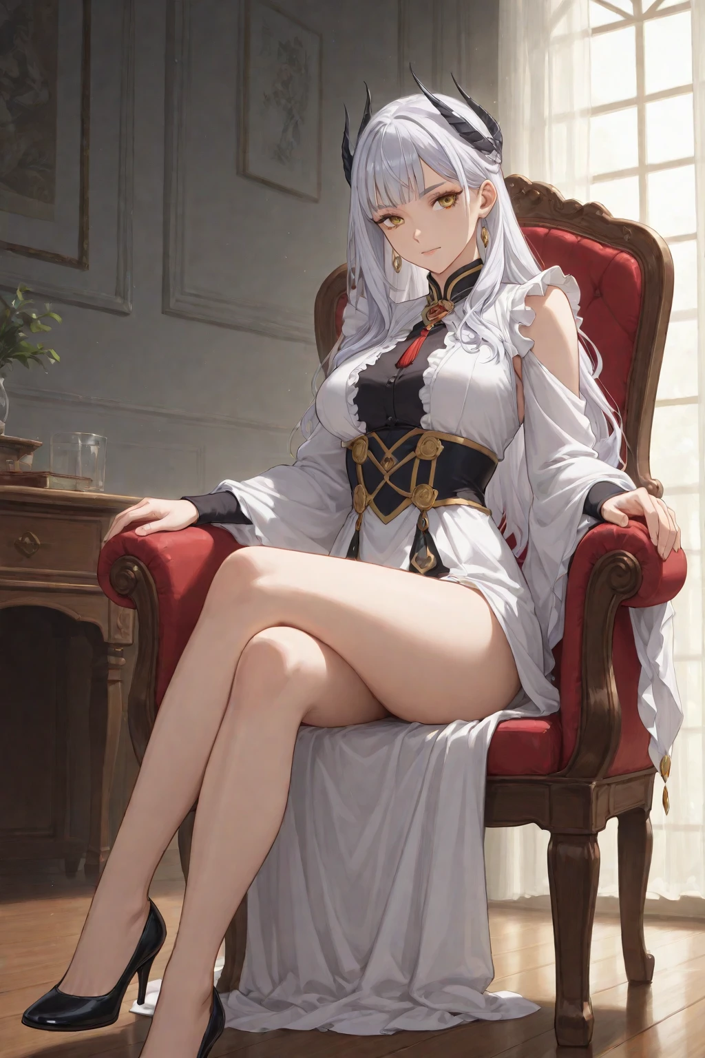 feet, five toes, Best Quality, Masterpiece, ultra high resolution, a boy, solo, 1boy, sitting in an armchair, bare legs, barefoot, barefoot, soles of feet visible, View from below, sitting in an armchair, with a dark bloody room in the background , View from below, smile, masterpiece, best quality, Cinematic, Fancy effects, Intricate details, white hair, long hair, shiny hair, shiny skin, wavy hair, detailed eyes, hd eyes, beautiful eyes, gothic, hair between eyes, layered clothes, yellow eyes, looking at viewer, highly detailed eyes, dramatic lighting, fluffy hair, dark magic background, shadow background, crimson spikes background, smug face, eyelashes, white eyelashes, hair flower, red flowers in hair, kimono, collarbone, manly body, shiny feet, bloody outfit, cute face, man, red drip, black legwear, toeless legwear, glowing eyes, bandaged legs , bandaged neck