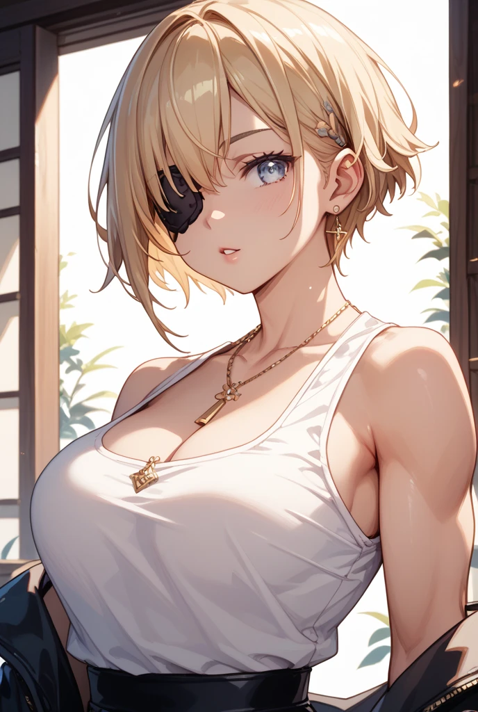 1girl, annie leonhart, (blonde hair :1.3), hair between eyes, short hair, sideburns, gray eyes, lips, cleavage, big breasts, solo, lips, masterpiece, best quality, bare breasts, naked breasts, gigantic breasts, bimbo, ass, full body, blacked, blacked underwear, wide hips 