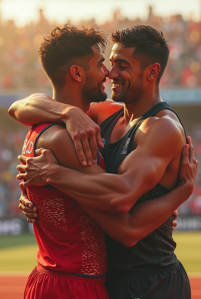 Young Asian rugby player A and senior Asian rugby player B。A has a buzz cut and dark skin、Wearing sleeveless rugby uniforms、Sweaty。B is short-haired and muscular。A and B after the match、Hug and kiss