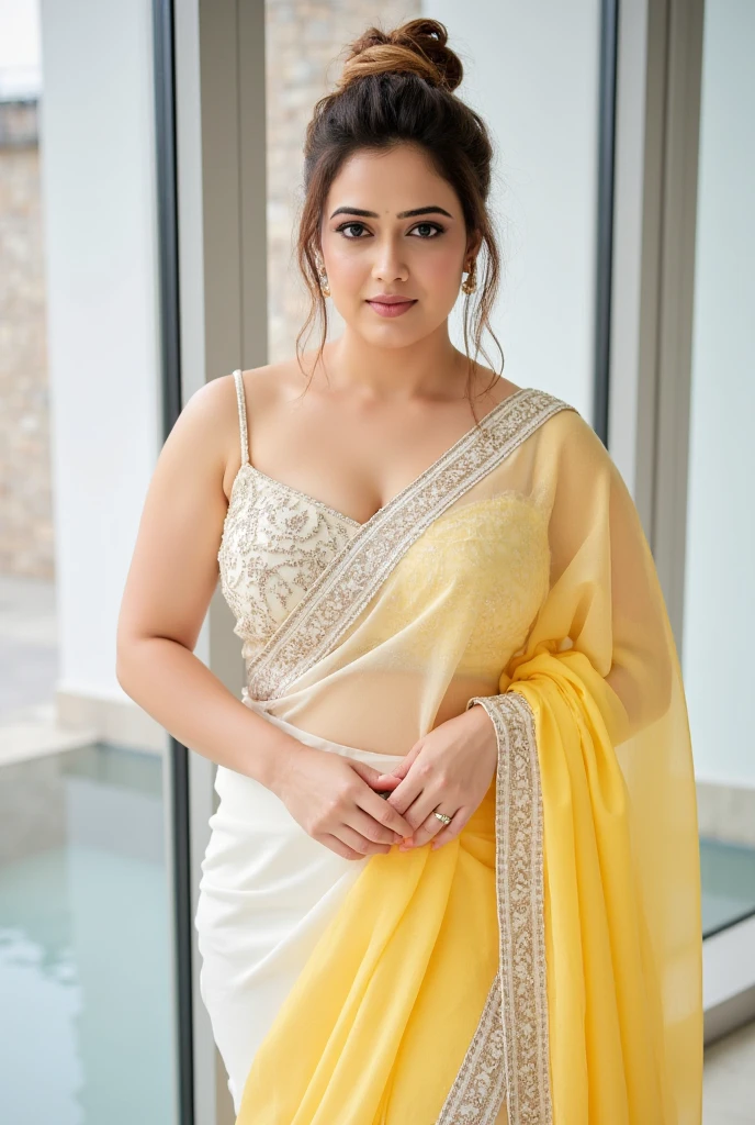 Nsfw. walking in a moonlit courtyard, forest background, mythival forest, huge trees, exotic girl, indian, vivacious, looking at the viewer, shining skin, perfect lighting, the embodiment of grace and elegance, provocative pose, smiling seductively, (saree and jewelry), big breasts, curvy ass, clear curvy details, beautiful curves, detailed eyes, detailed pupil, long shining hair, volumetric lighting, Ultra Detailed, unity 8k wallpaper, ultra detailed, aesthetic, masterpiece, best quality, photorealistic