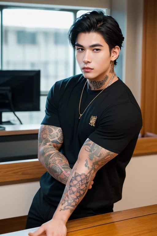 arafed man with a green hat and a tattoo on his arm, inspired by Eddie Mendoza, darren quach, arms covered in gang tattoo, kakar cheung, tattoo artist, jim cheung, ja mong, jeremy cheung, damien tran, keng lye, frank cho, bao pham, hoang long ly, david luongHD, (Best Detail), (Best Quality), colorful,