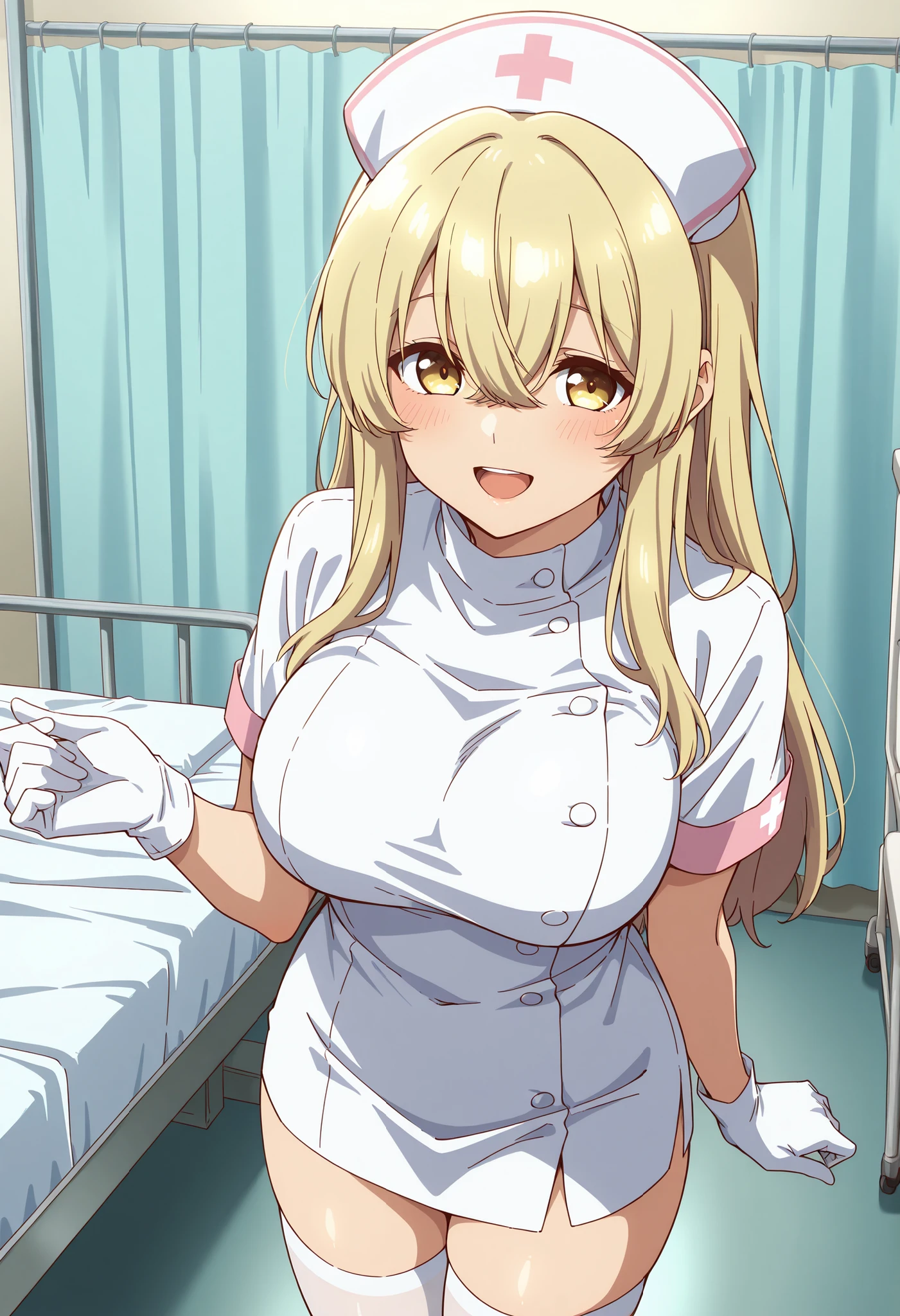 Score_9, score_8_up, score_7_up, source_anime, kana higa, solo, long hair, bangs, blonde hair, hair between eyes, yellow eyes, large breasts, (best quality), (high quality), {masterpiece}, extremely delicate and beautiful, ultra-detailed, beautiful detailed eyes, nurse, nurse hat, ((white nurse's outfit)), white gloves, white thighhighs, hospital room, smile, open mouth, standing