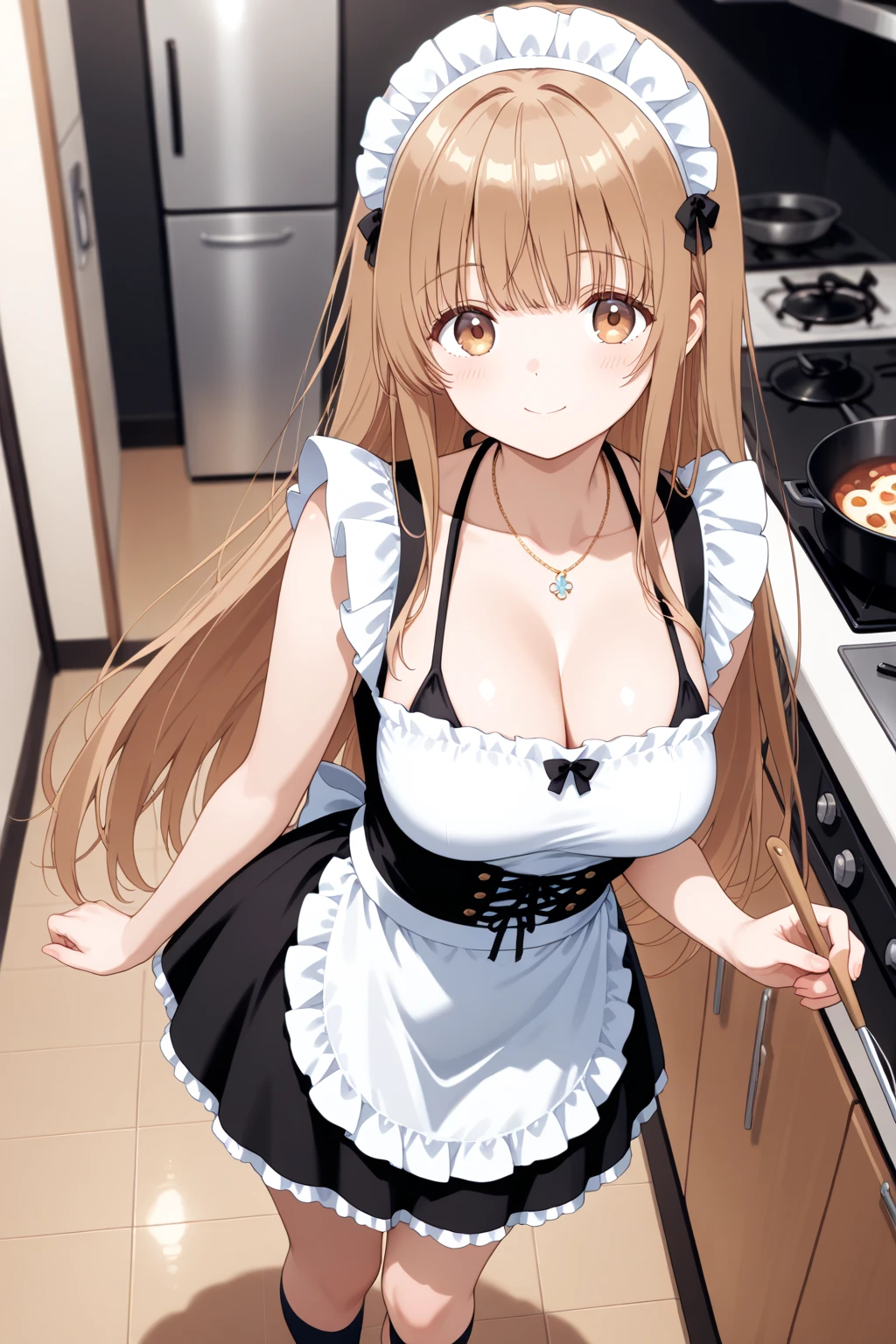 High resolution,masterpiece, Highest quality, Kuo Shenlin , heterochromia , Brown hair, (((busty))),1girl, sensual body, Her cheeks flushed , apron ,NUDE , kitchen , cooking