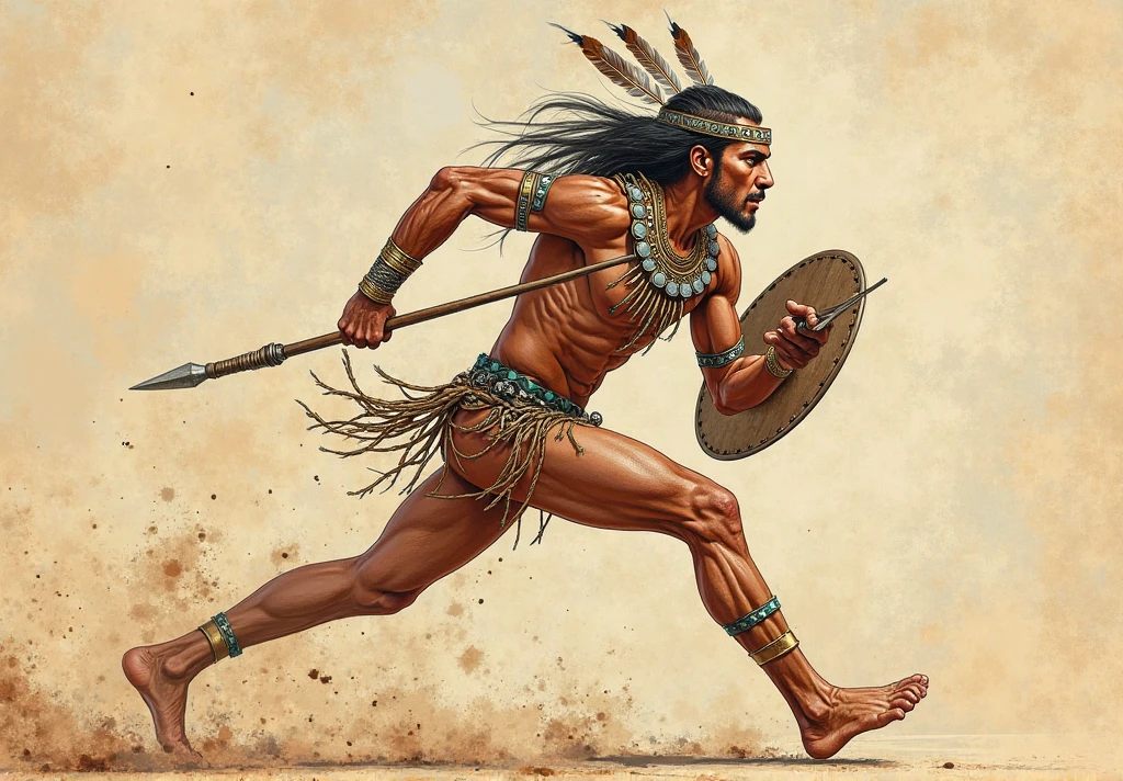 There is an Asian-faced man holding a spear and a long wooden shield with carvings, his long hair tied up, sporting a mustache and a beard, expressing anger, wearing a brown cloth headband with a knot in front, bare-chested, with a looped brown cloth shawl from shoulder to waist, brown cloth pants, wearing ankle bracelets made of brown cloth, not wearing footwear, standing in a grassy field on the edge of the forest.