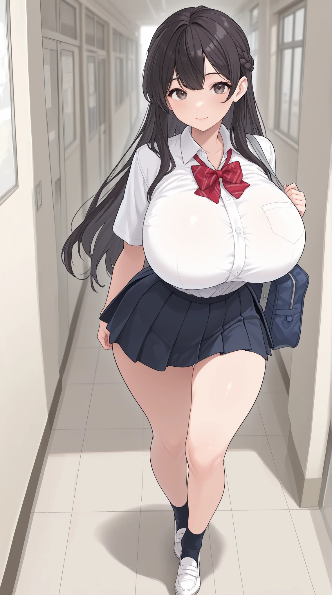 Two Cute High-School Girls, ((Big Breasts:1.35)), Wide Hips, Ultra Thick, ((Extremely Thick Thighs:1.35)), wearing a High-school Uniform, white top, Green pleated Skirt, Cute Face, Blushing, Close up, Huge Breasts, Her Thighs are TOO Thick for her skirt, Biggest Thighs, Big Emphasis on her Thighs, sitting in a hallway, Incredibly Tight, (((2girl))),