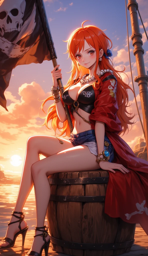 Very beautiful nano (piece), Light makeup, Kanekoen hour, Reality, High contrast, 8k HD, detailed, hyper-detailed, Realistic skin texture, Orange long hair, Bikini top only, Blue pants, Large Breasts, best quality, Ultra-high resolution, RAW photos, Dramatic Lighting, Unreal Engine, Diffuse Glow, outdoor, realistic detailed onep piece pirate ship, Treasure Box, Kaneko, Kaneko coins, Kaneko bars.