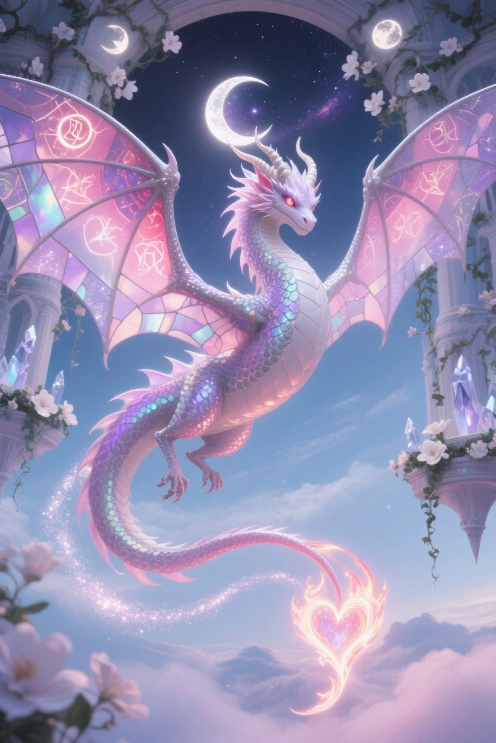 Extremely detailed and beautiful concept art. Beautiful dragon, Slender,Covered with silvery white scales, Lying on the red roses covering the floor. Wings as transparent as stained glass,Art Nouveau and Gothic styles. Beautiful purple, Magenta and Pink. lively illustrations. light. Depth of Field. Dramatic shadows. Light Particles. petal. The church was destroyed. Very aesthetic art.