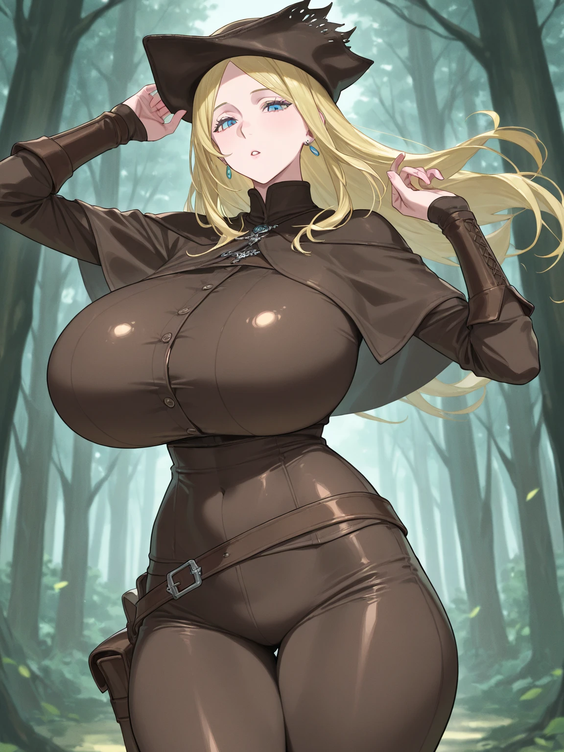 ((1 woman with very long, light yellow hair,((large breasts, bare breasts, erect breasts)),((tight, transparent panties, no blouse, belly belt, with a glue stick)),((gray eyes, mow, with eyes closed, serious face)), in a haunted forest, at night)),