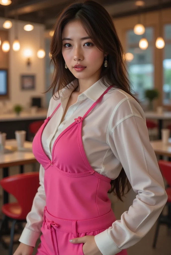 arafed woman in a red shirt and black skirt standing in front of a counter, at the counter, mysterious coffee shop girl, korean girl, korean woman, in a coffee shop, beautiful south korean woman, japanese model, red shirt, an asian woman, handsome girl, gorgeous young korean woman, gorgeous chinese model, beautiful asian girl, sexy girl, lovely woman