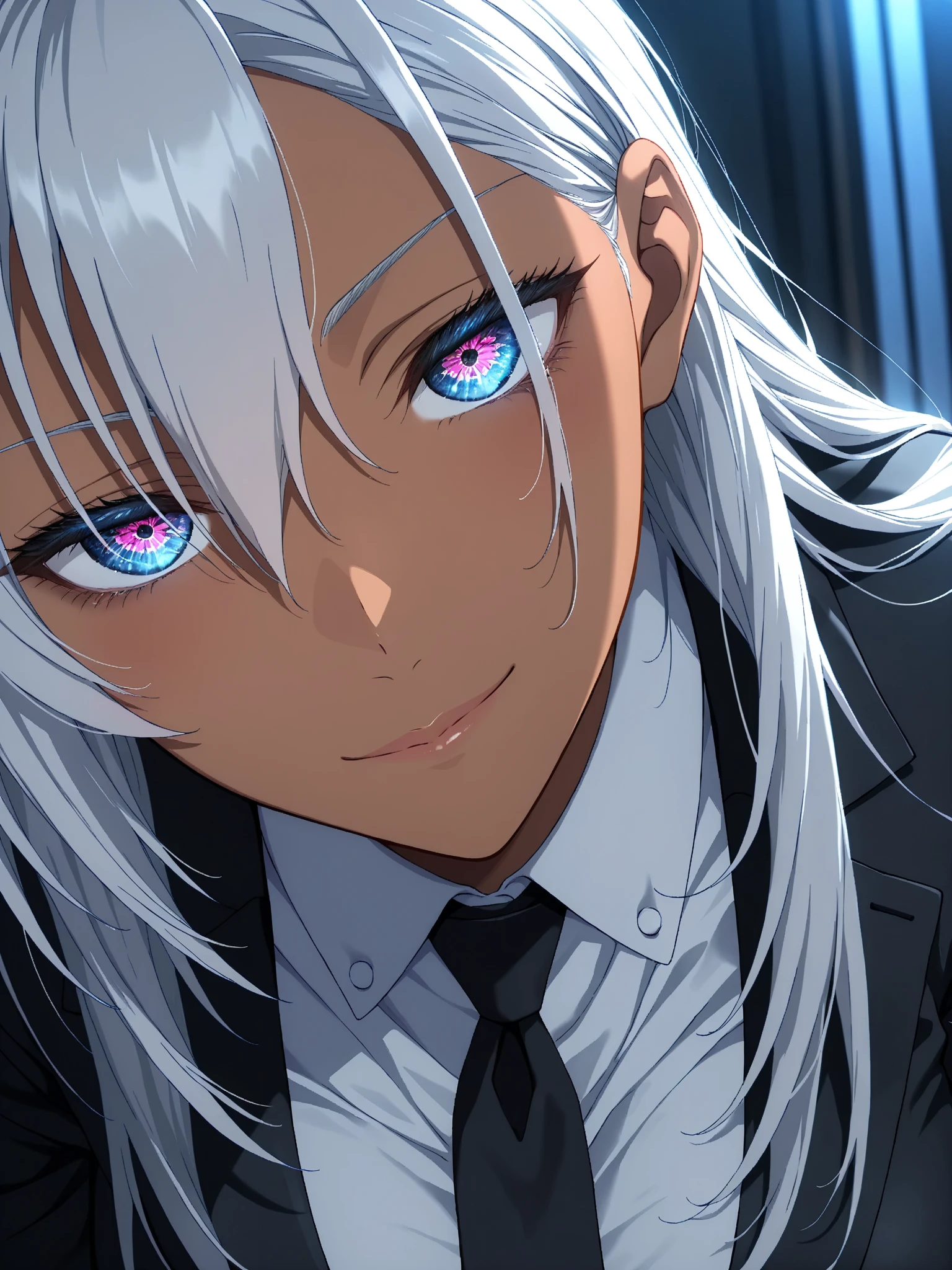 (anime screencap, masterpiece, best quality), Intricate details, Intricate eyes, indirect lighting, 18yo, 1girl, , from front, upper body, gang boss, light smile, looking at viewer,
BREAK  dark skinned female,, silver hair, long haircut, suit