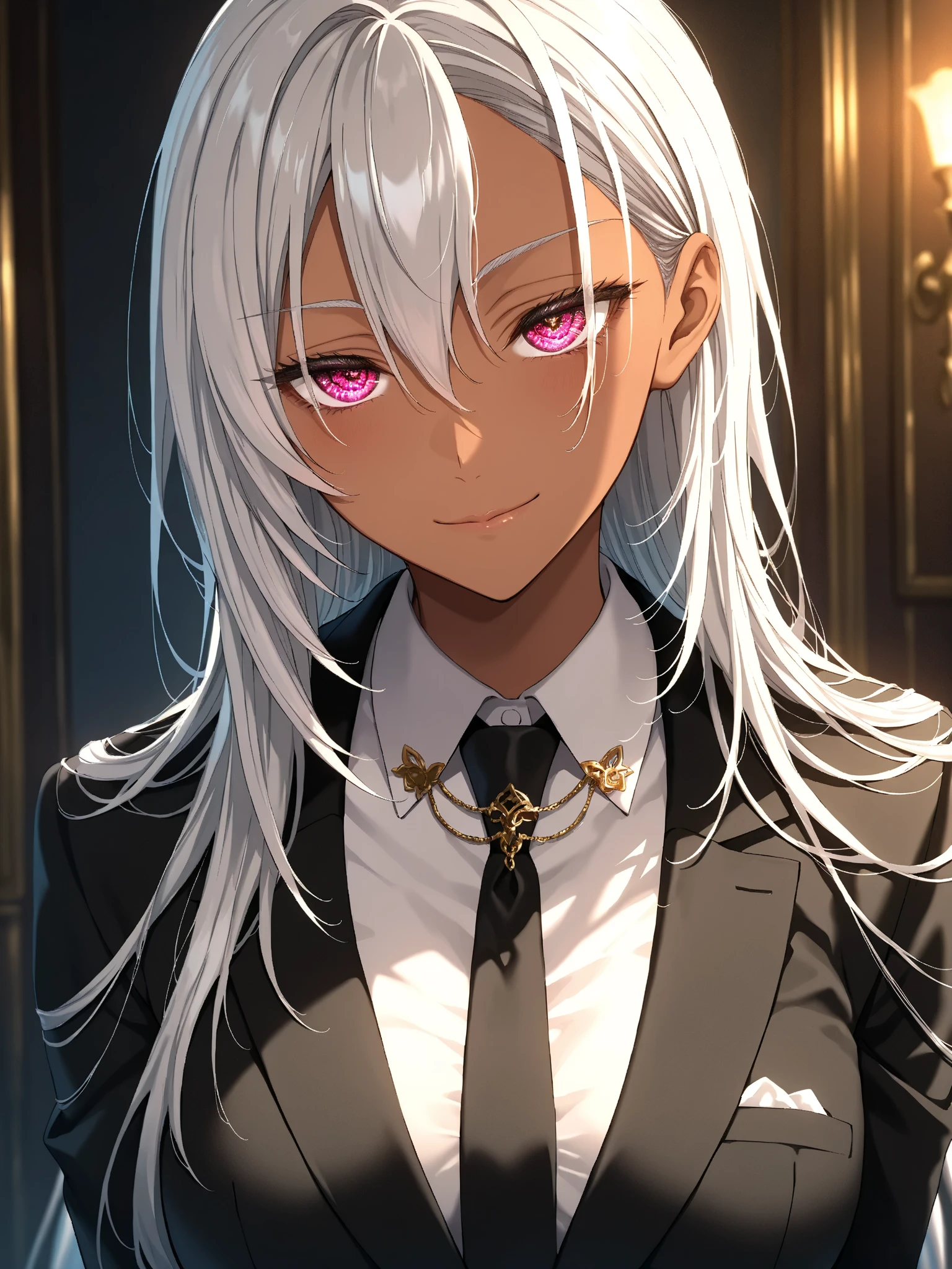 (anime screencap, masterpiece, best quality), Intricate details, Intricate eyes, indirect lighting, 18yo, 1girl, , from front, upper body, gang boss, light smile, looking at viewer,
BREAK  dark skinned female,, silver hair, long haircut, suit